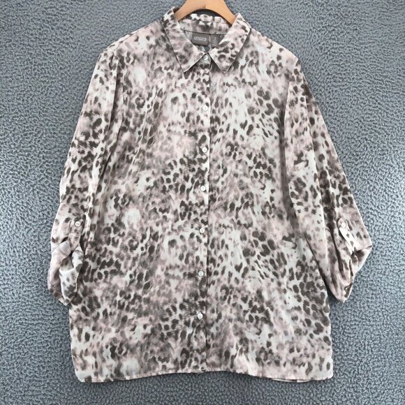 Chicos Shirt Womens 2 US Large Gray Leopard Print Button Roll Tab Sleeve Blouse - Picture 1 of 10